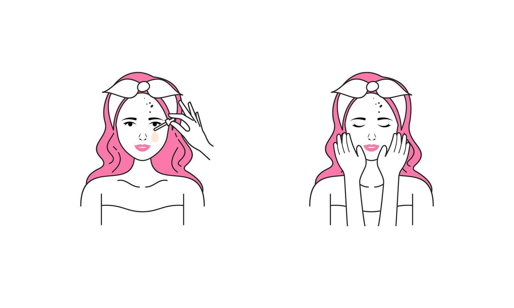 Girl cares for face and body, cosmetics instructions vector