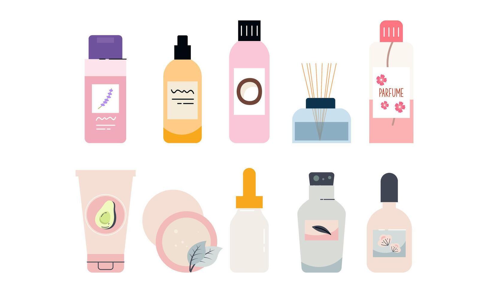 Natural organic cosmetics for skin in colorful bottles, tubes, jars vector flat illustration