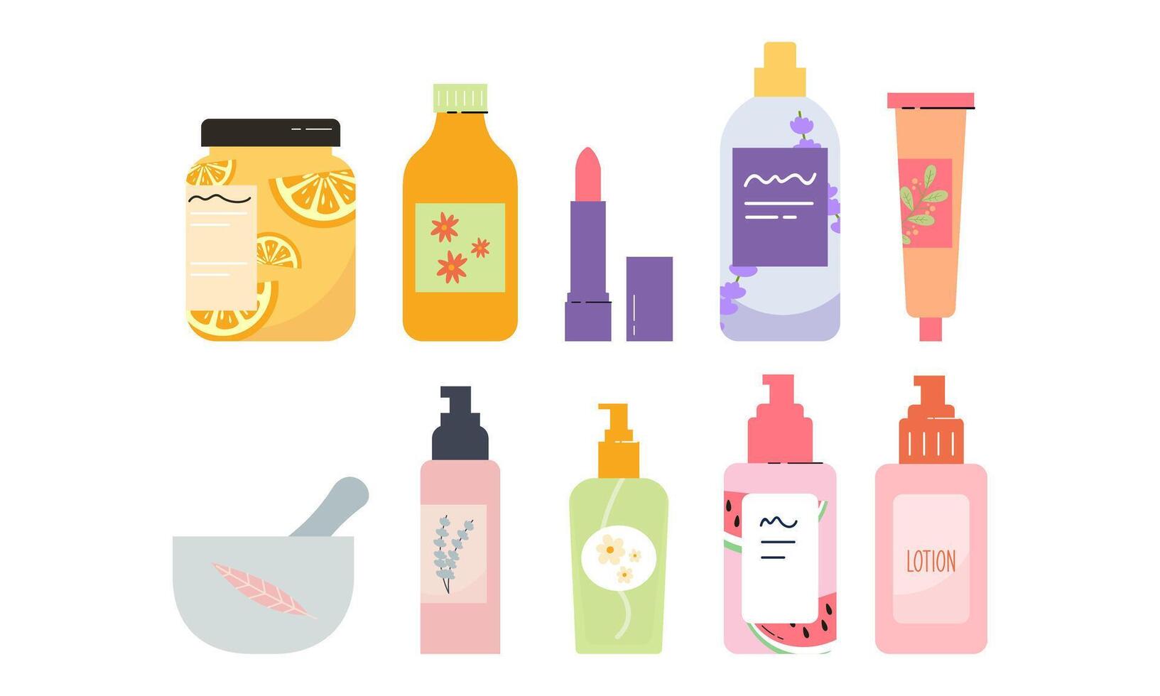 natural orgánico productos cosméticos para piel en vistoso botellas, tubos, frascos vector plano ilustración