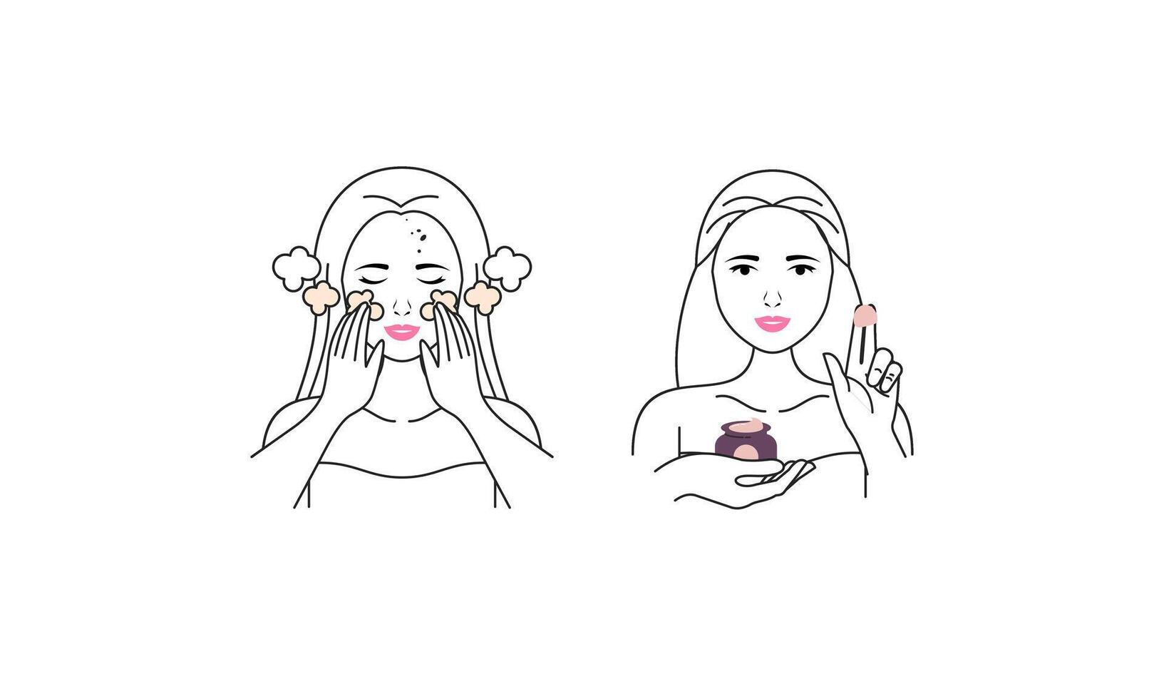 Girl cares for face and body, cosmetics instructions vector