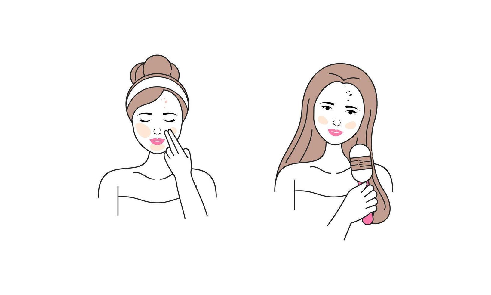 Girl cares for face and body, cosmetics instructions vector