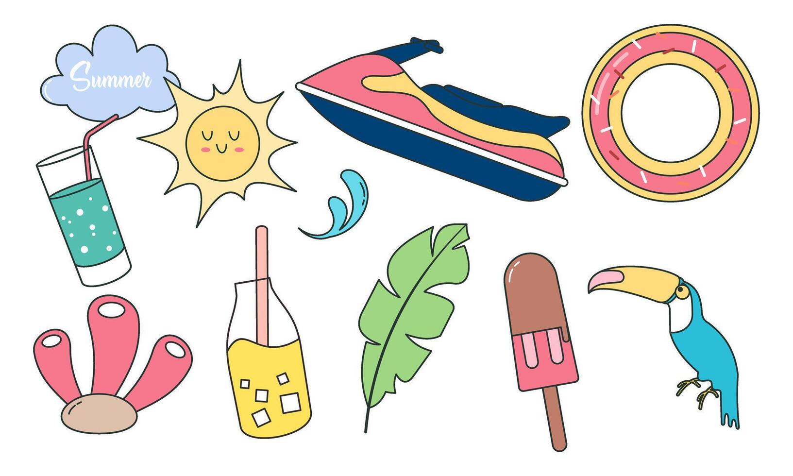 Summer time doodle beach holiday element vector