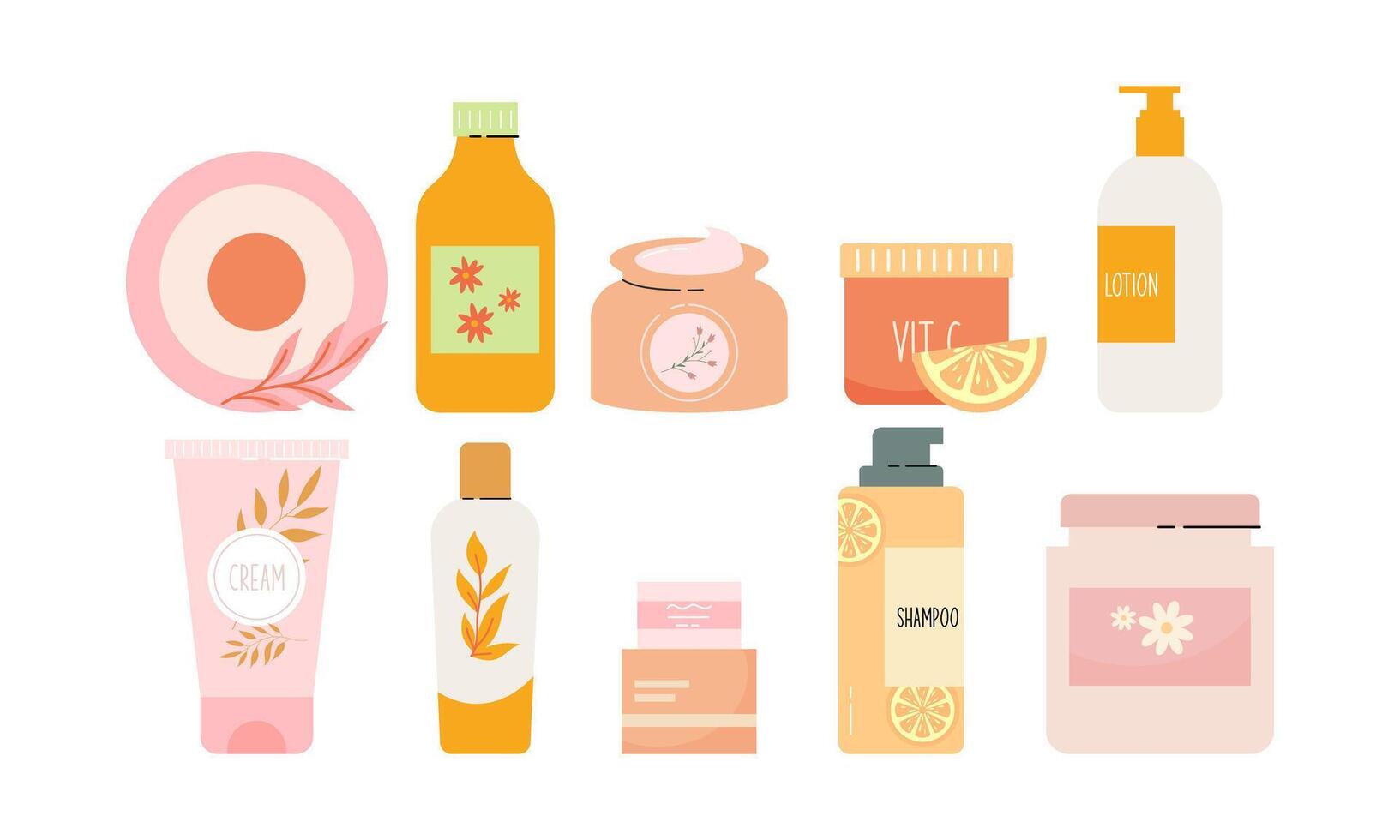 natural orgánico productos cosméticos para piel en vistoso botellas, tubos, frascos vector plano ilustración