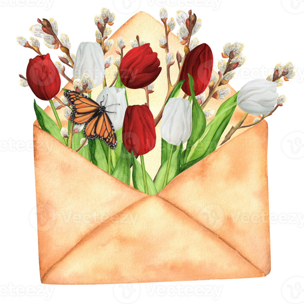 Hand-drawn watercolor illustration. Vintage envelope with white and red tulips and pussy-willow branches and butterflies png