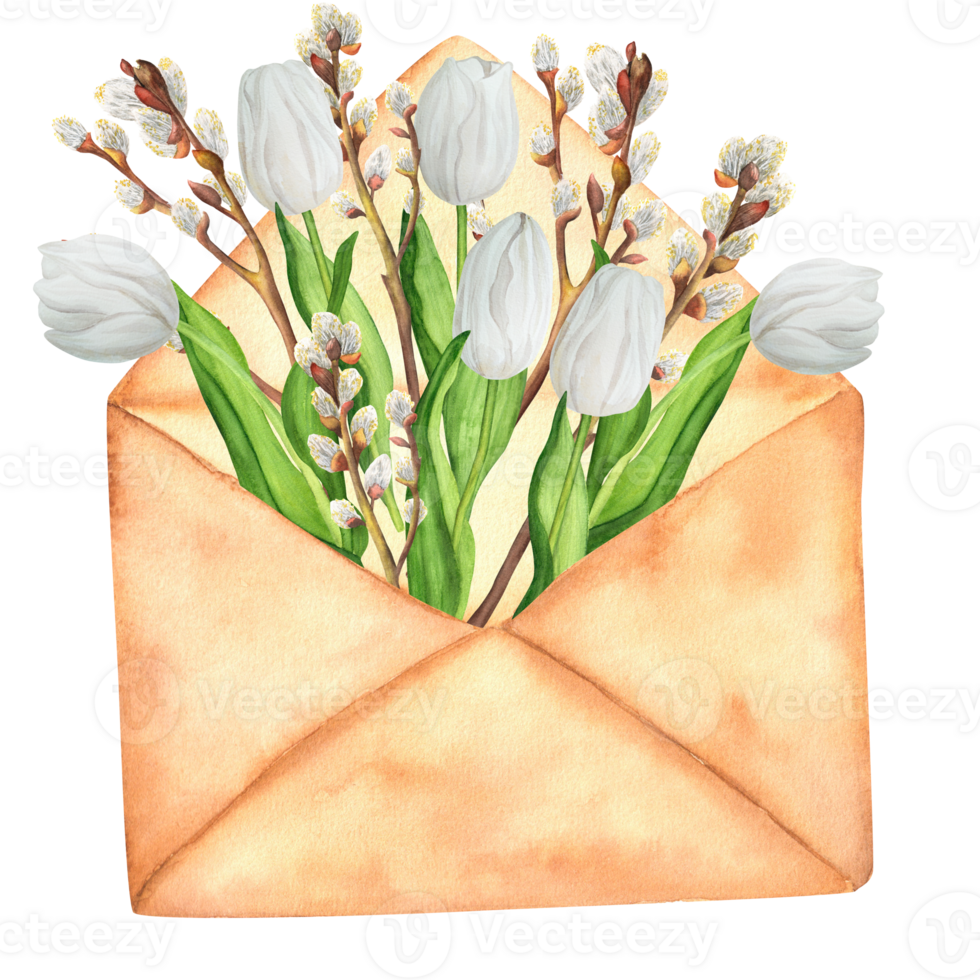 Hand-drawn watercolor illustration. Vintage envelope with white tulips and pussy-willow branches png