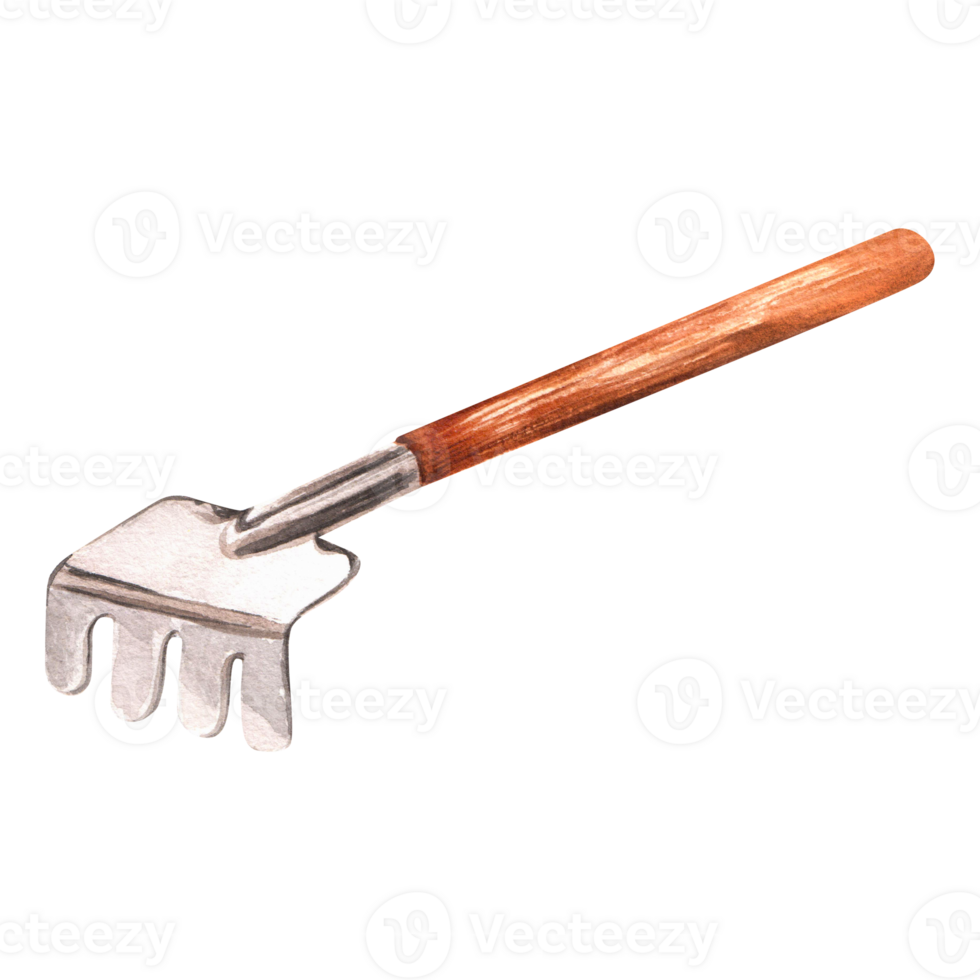 Hand-drawn watercolor illustration. Garden rake with wooden handle png