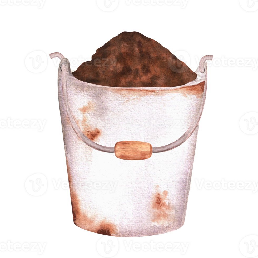 Hand-drawn watercolor illustration. Metallic garden bucket with a touch of rust full of soil png