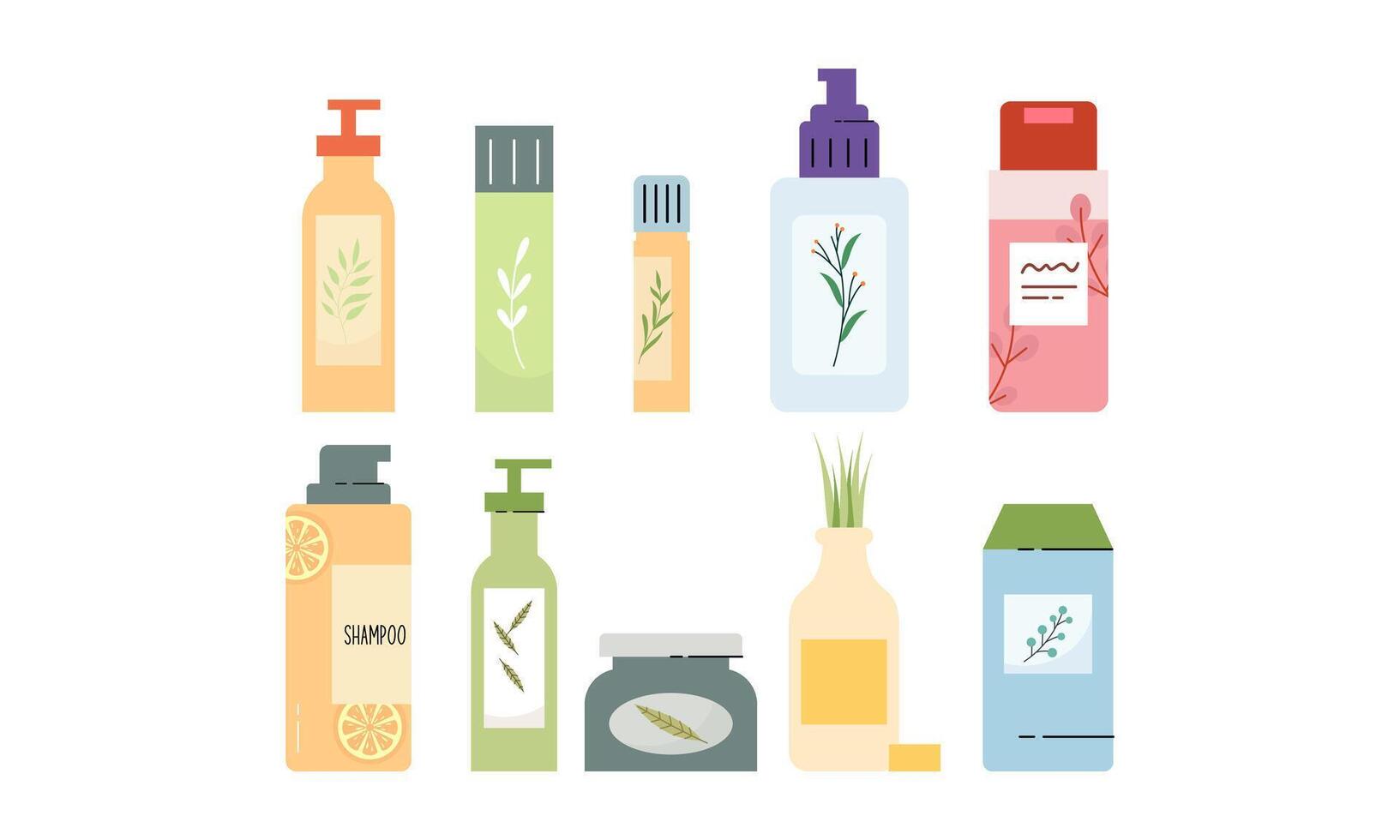 natural orgánico productos cosméticos para piel en vistoso botellas, tubos, frascos vector plano ilustración