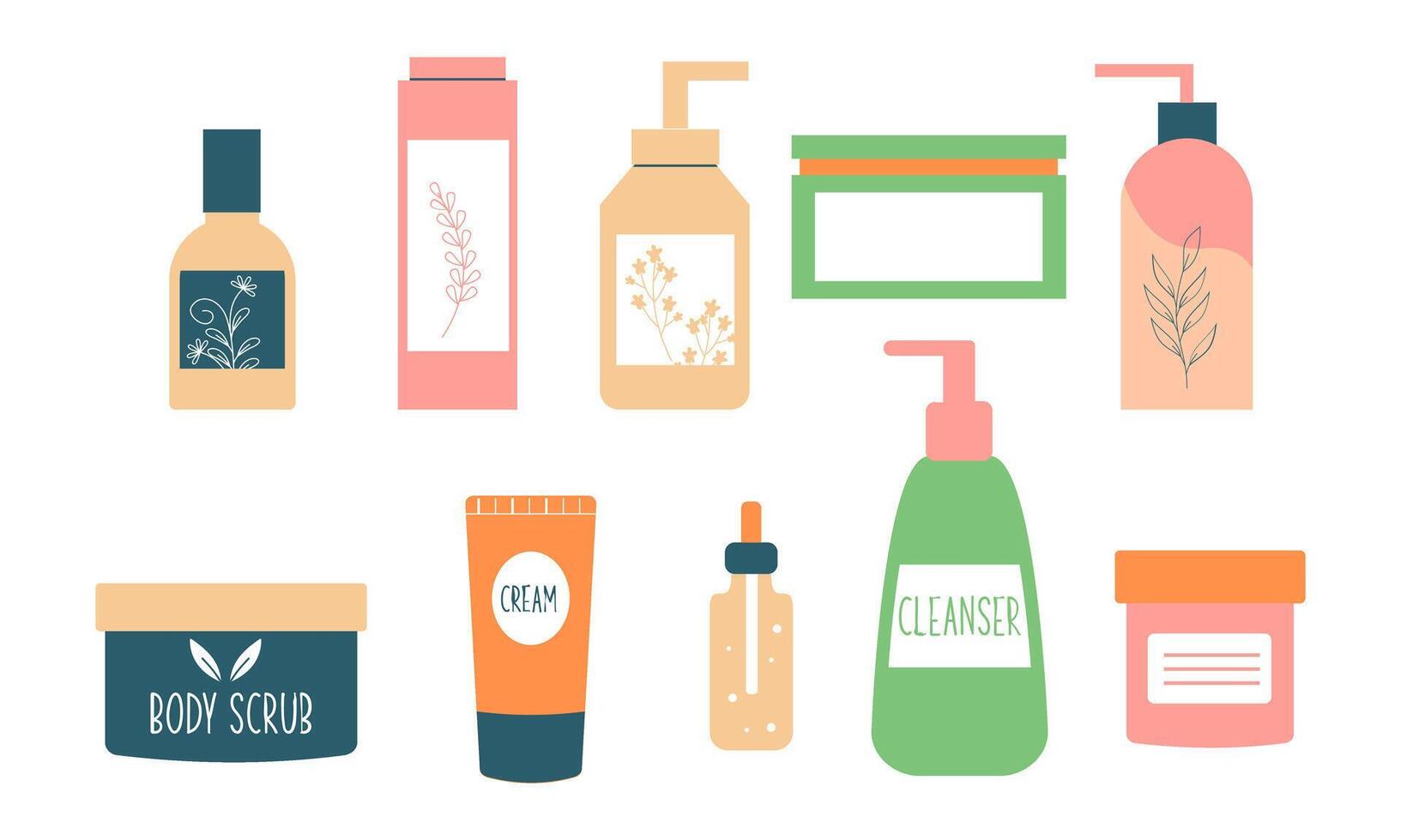 Natural organic cosmetics for skin in colorful bottles, tubes, jars vector flat illustration