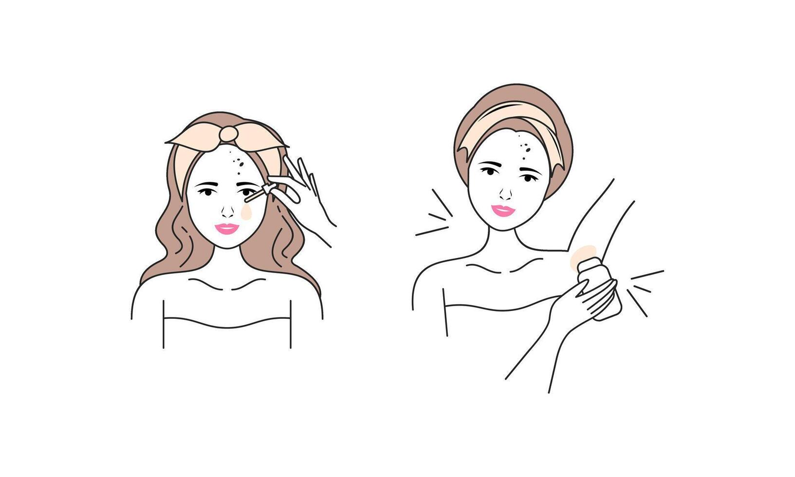 Girl cares for face and body, cosmetics instructions vector