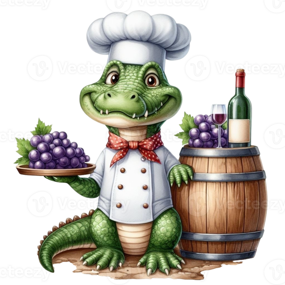 AI generated crocodile chef holding a barrel of grapes and a bottle of wine png