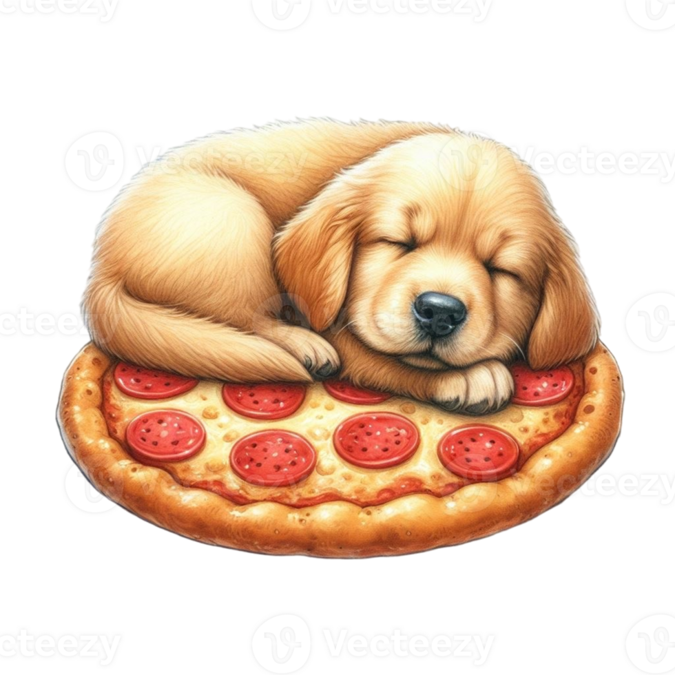 AI generated dog sleeping on a pizza png