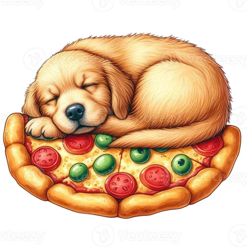 AI generated dog sleeping on a pizza png