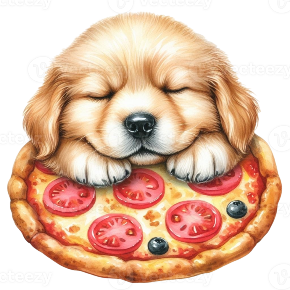 AI generated dog sleeping on a pizza png