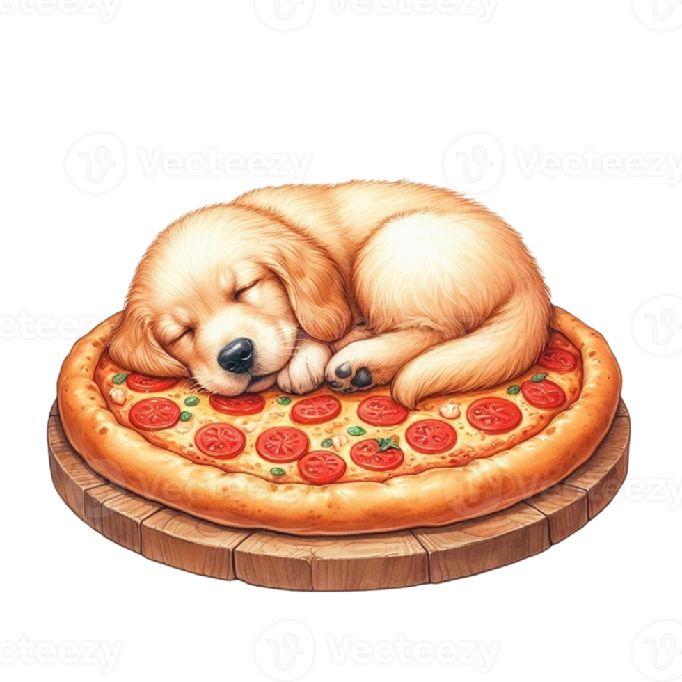 AI generated dog sleeping on a pizza png