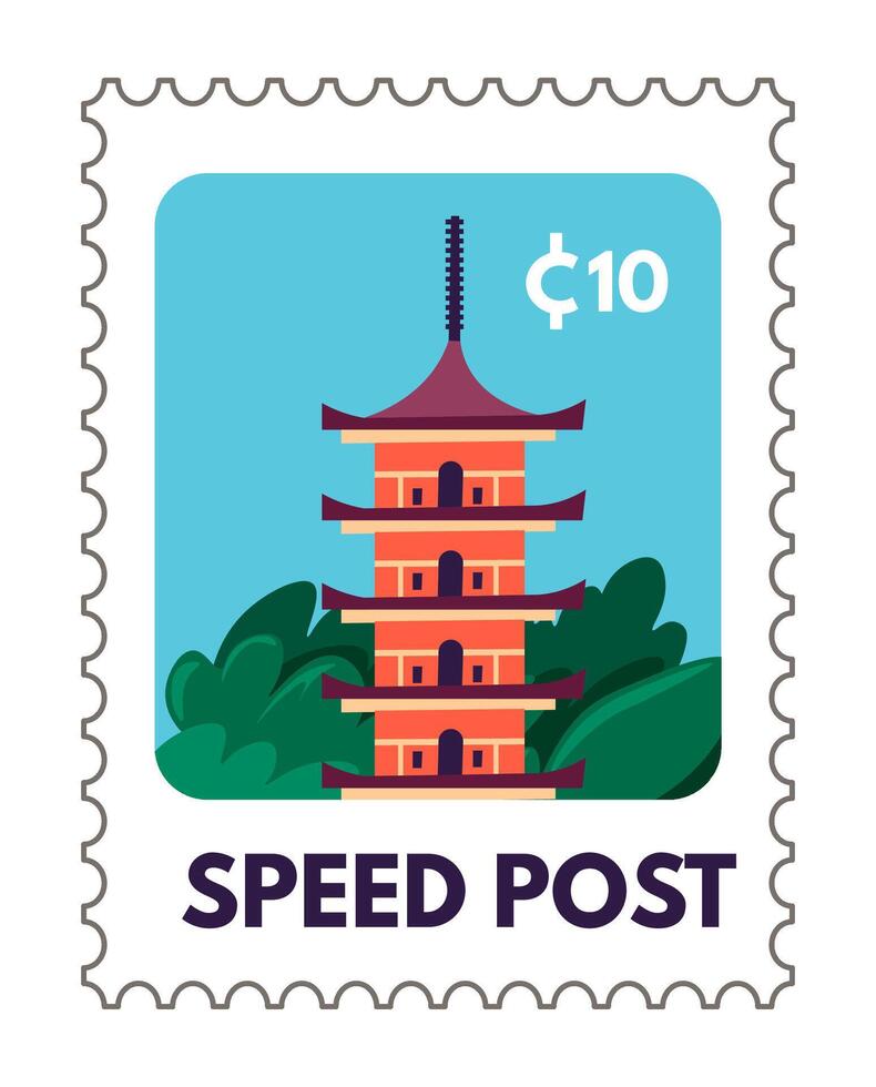 Speed post, postmark with Japanese temple vector