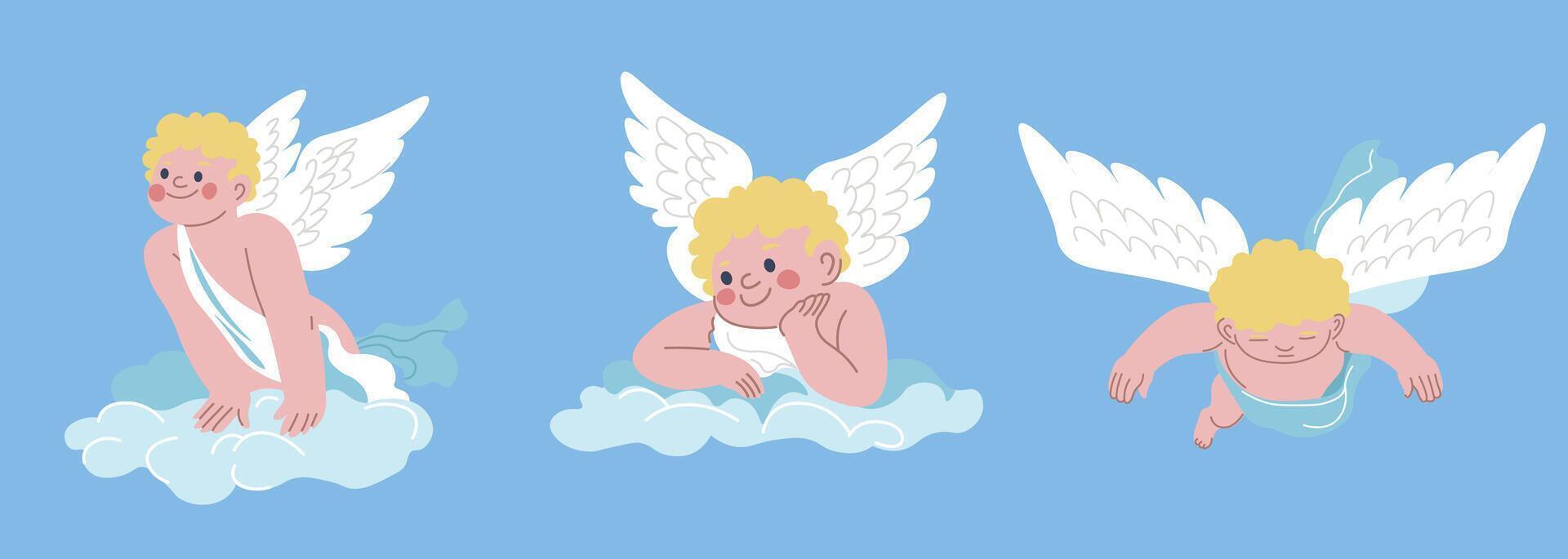 Cupids leaned on clouds and flying in sky vector