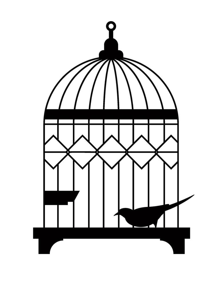 Caged bird in metal cage, avian animal silhouette vector