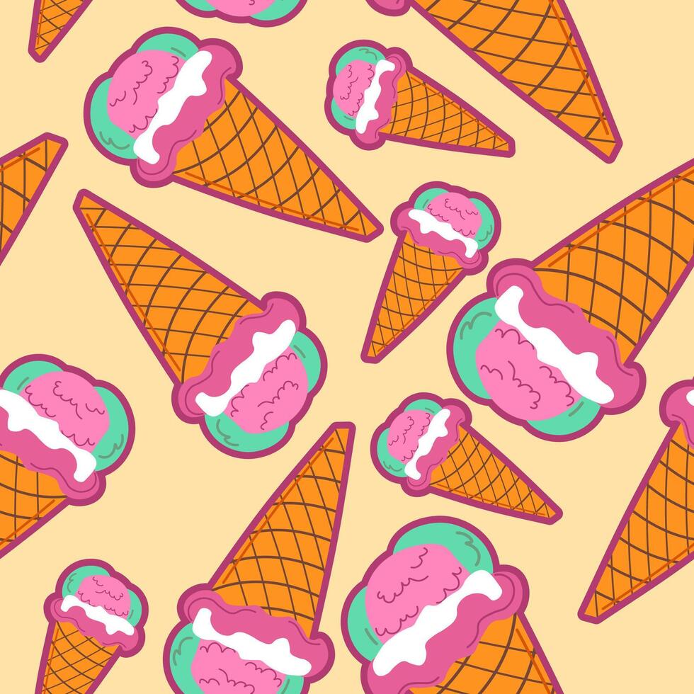 Ice cream in cone, gelato with flavors print vector