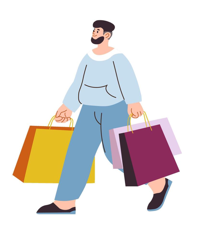 Man walking with shopping bag, male with packets vector