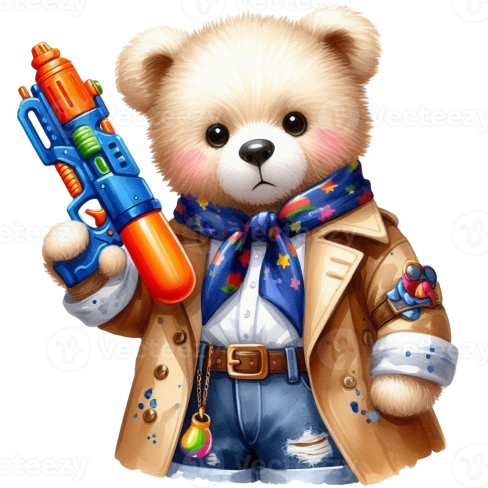 ai généré une dessin animé nounours ours en portant une jouet l'eau pistolet png