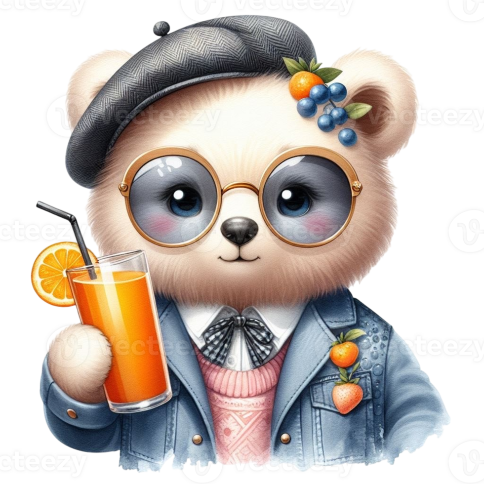 AI generated bear wearing glasses and a hat holding an orange juice png
