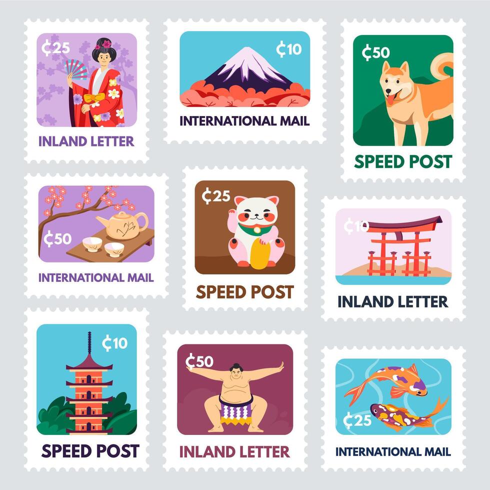 Postage stamp set with national Japanese elements vector