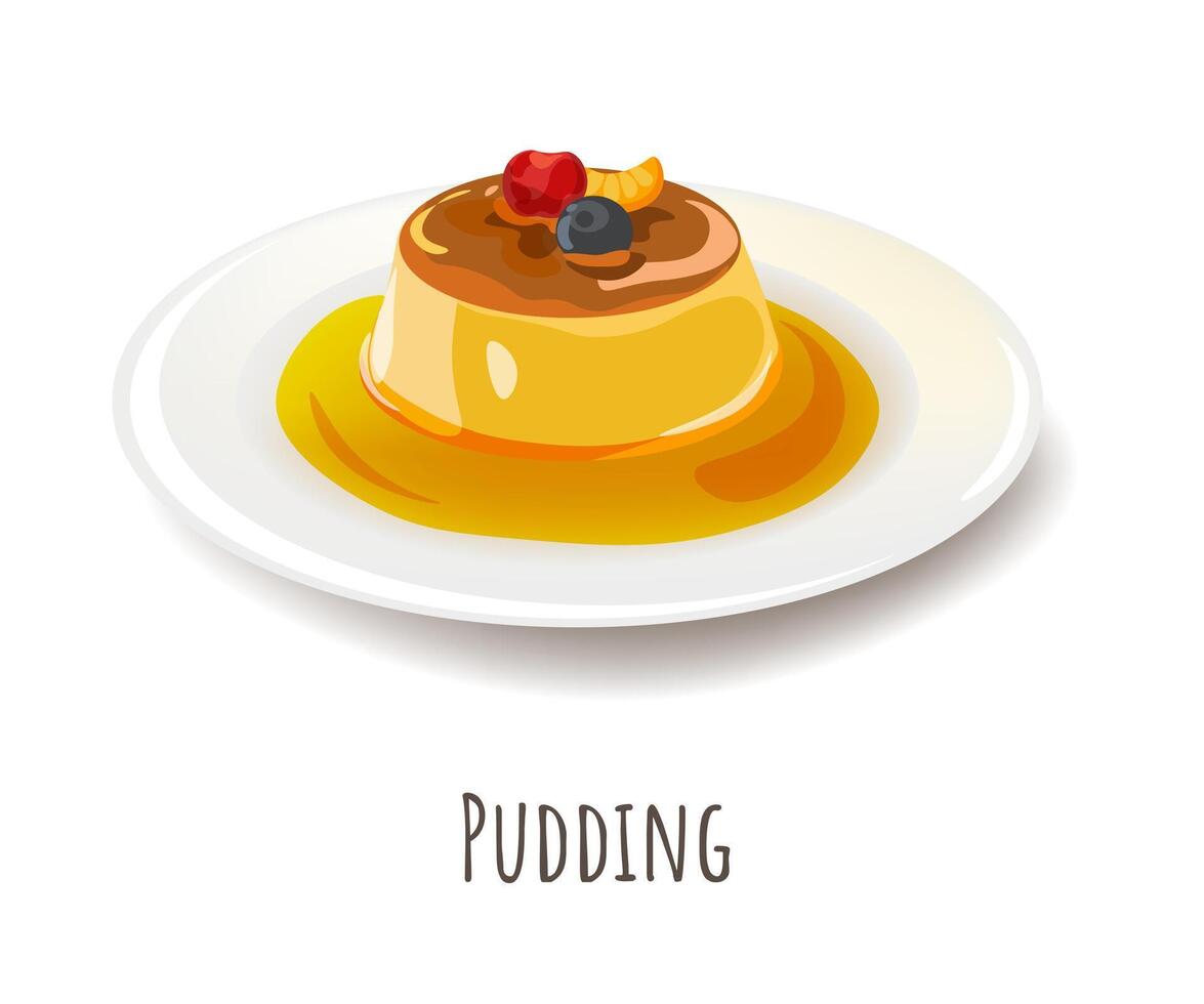 Custard pudding dessert topped with caramel sauce vector
