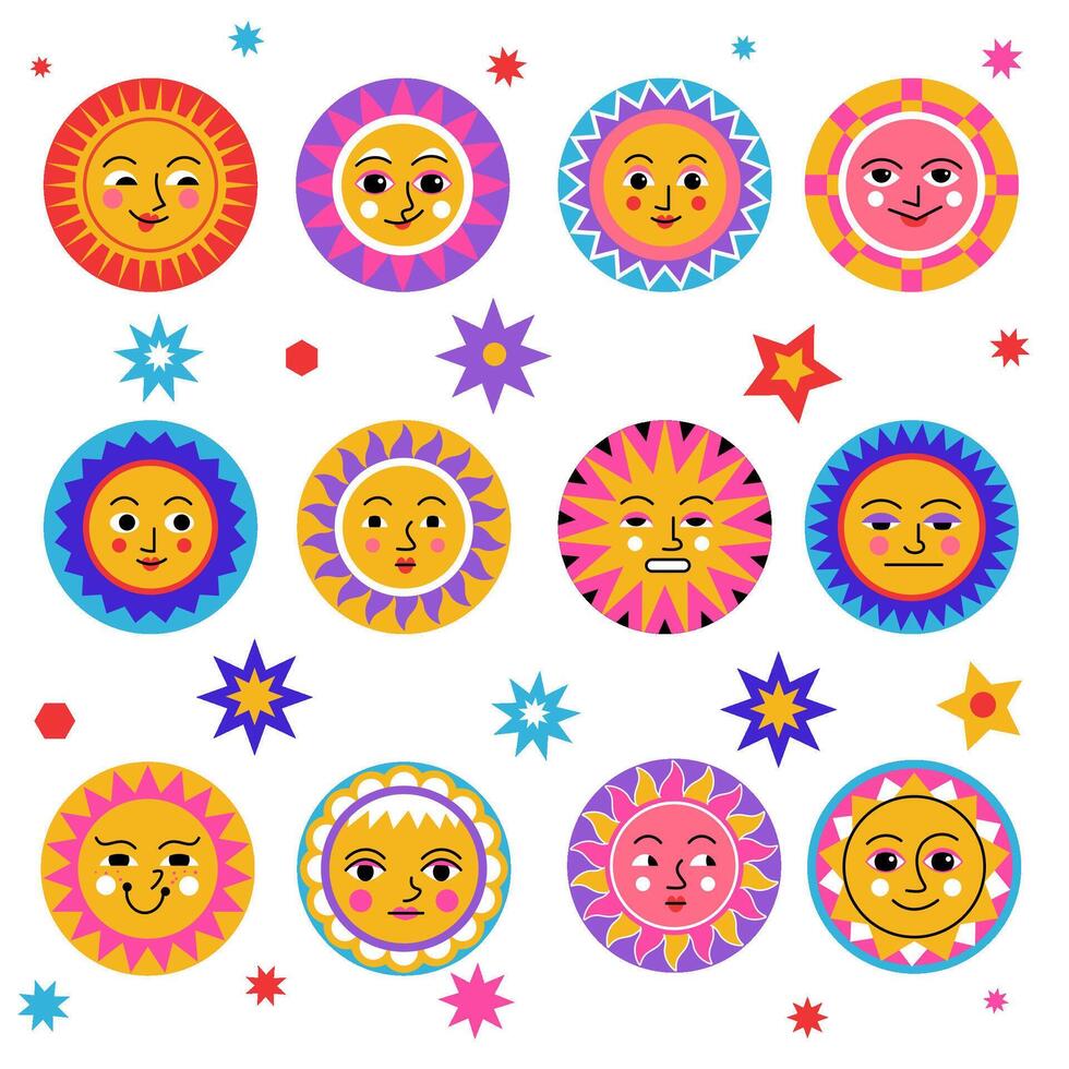 Sun and stars, funny sunny faces with expression vector
