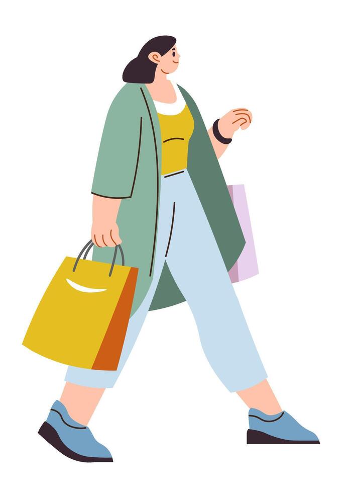 mujer caminando con compras pantalones desde boutique vector