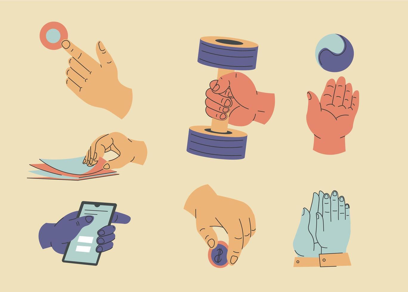 Hands holding objects, gestures of arms vector