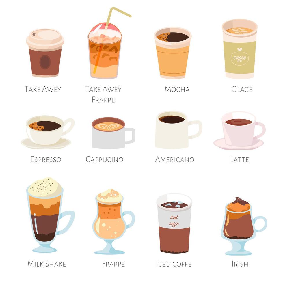 Various caffeine drinks, beverages for cafe menu vector