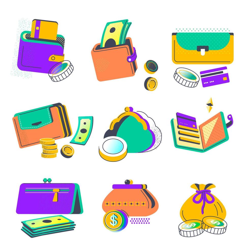 Practical wallets and purses with money and coins vector