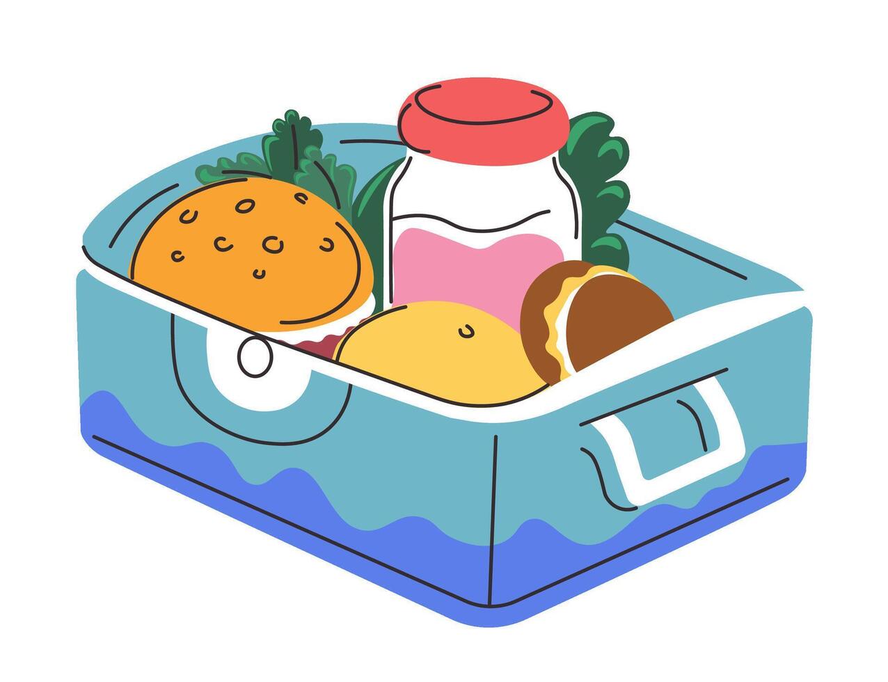 Lunchbox with burger and drink, vegetables meal vector