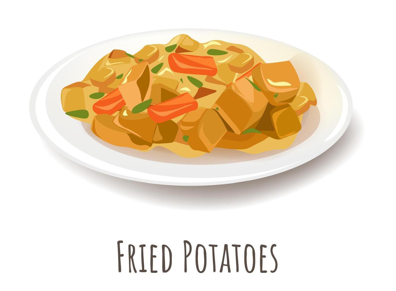 Fried potatoes with tomatoes and basil, tasty meal vector