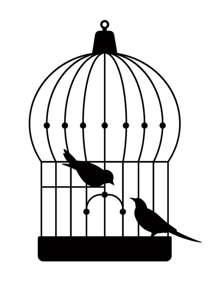 Avian animals in cage, caged birds silhouette vector