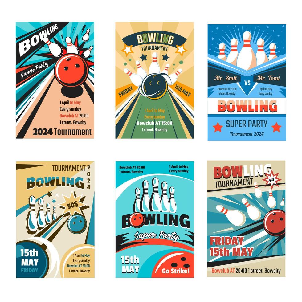 Bowling party, tournaments posters with lanes vector