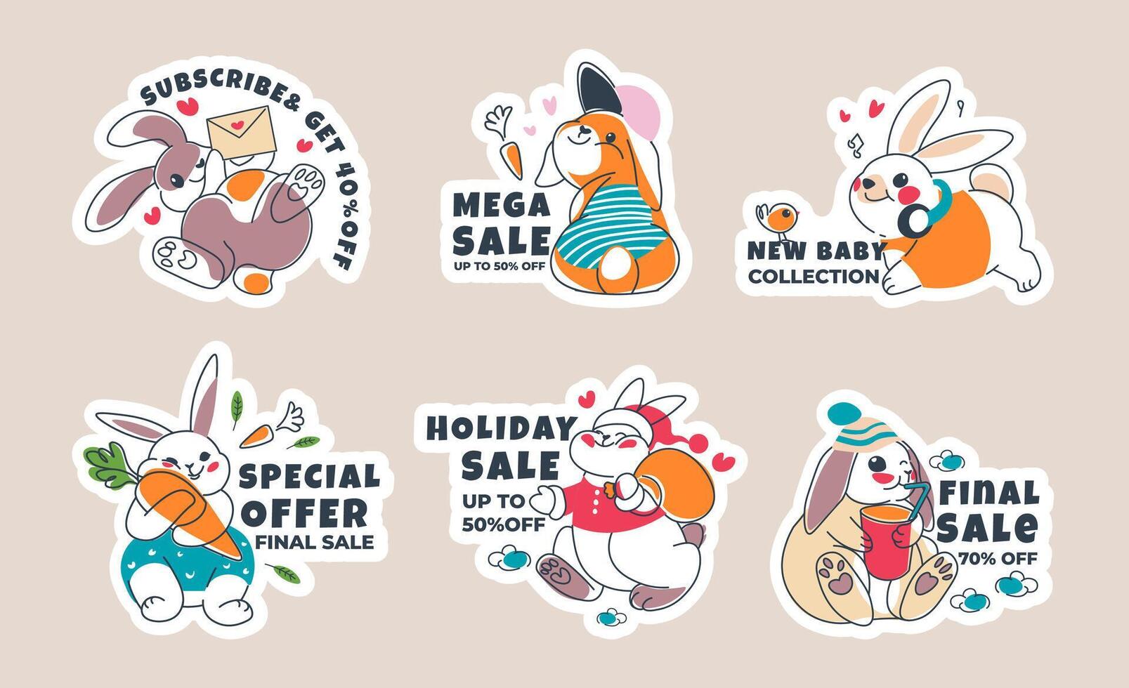 Sticker design set with cute rabbit, special offer vector