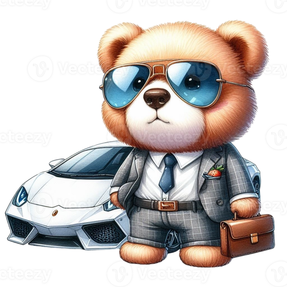 AI generated a cartoon bear in a suit and sunglasses standing next to a car png