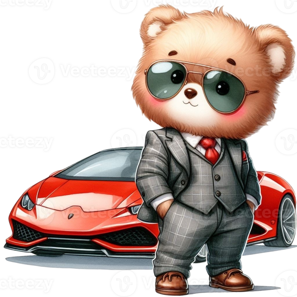 AI generated a cartoon bear in a suit and sunglasses standing next to a car png