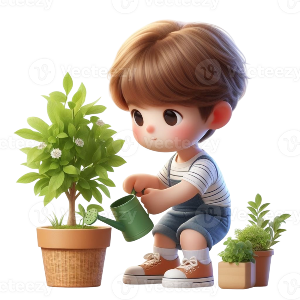 AI generated two cartoon children holding a plant in a pot png