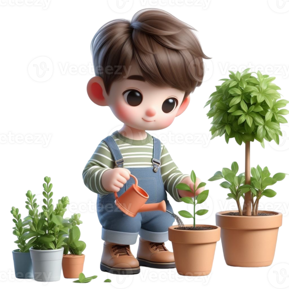 AI generated two cartoon children holding a plant in a pot png