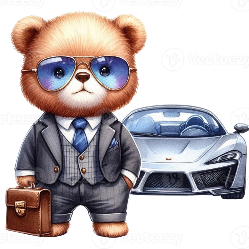 AI generated a cartoon bear in a suit and sunglasses standing next to a car png