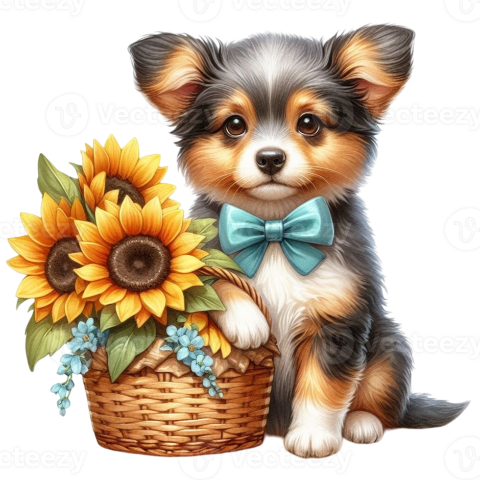 ai gegenereerd een schattig hond met zonnebloemen en een mand png