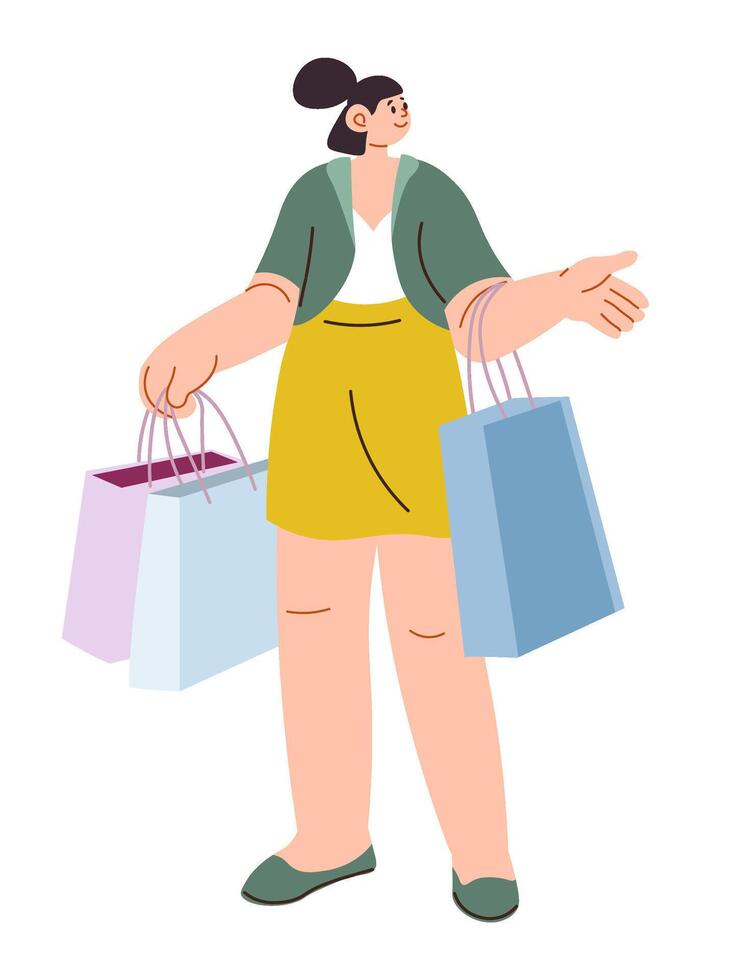 Female character shopping, woman carrying bags vector