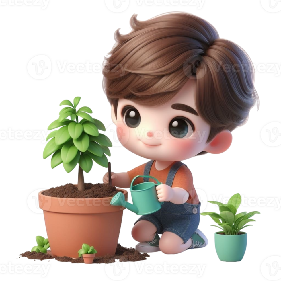 AI generated two cartoon children holding a plant in a pot png