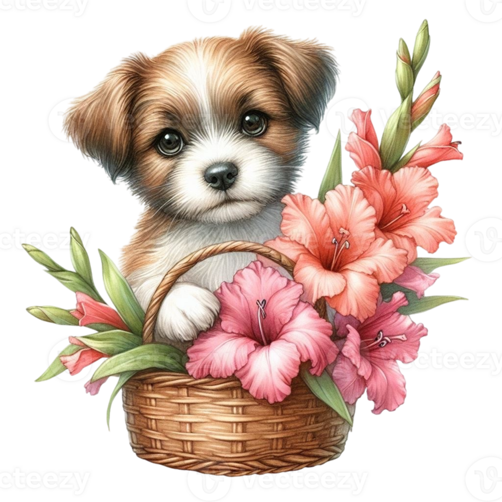 AI generated a cute dog is sitting in a basket with flowers png