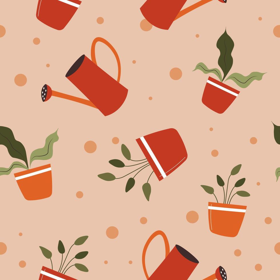 Houseplants with watering can, flowers pattern vector