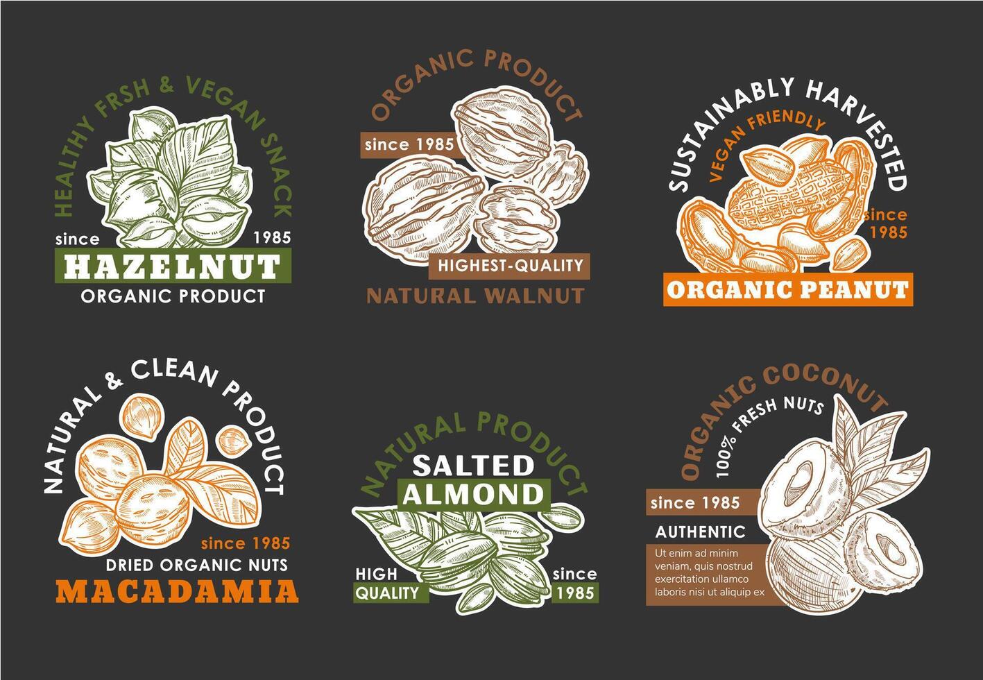 Label design set for organic nuts product package vector