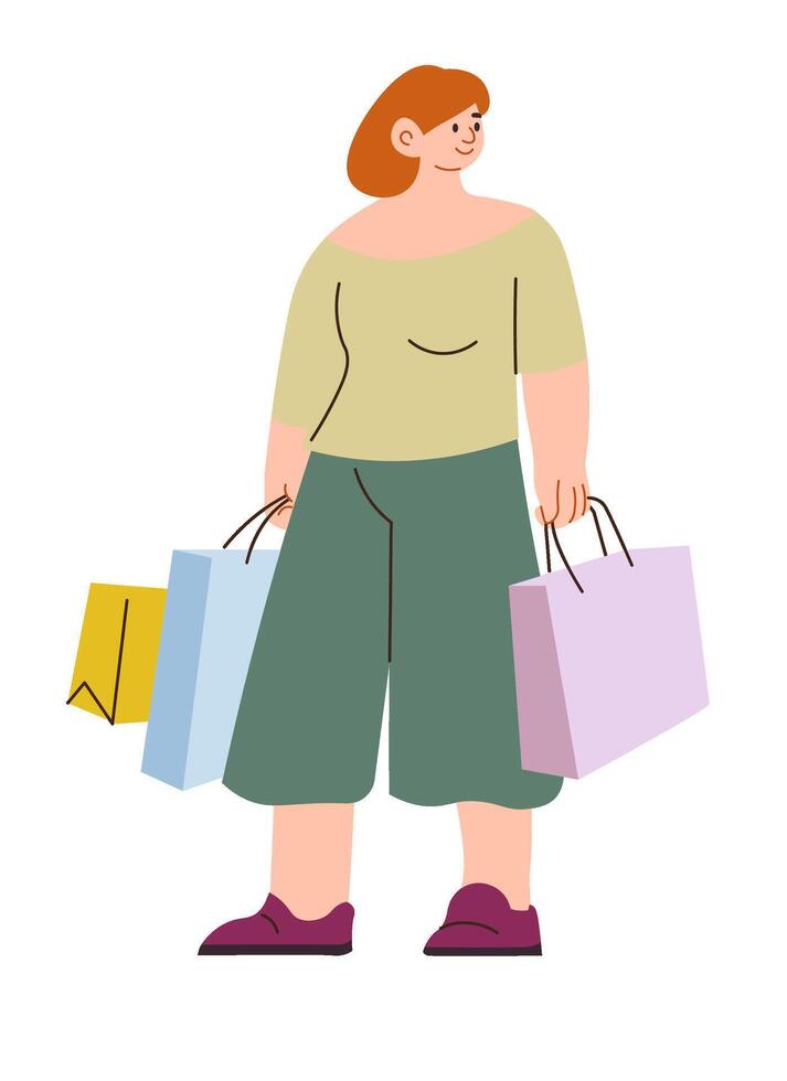 Lady with packages from shops, pastime leisure vector